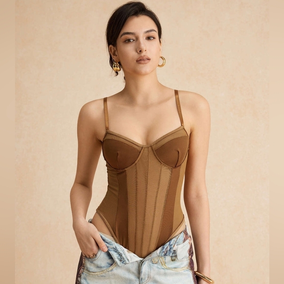 Micas Tops - Micas Mesh Backless Sheer Patchwork Corset Slip Bodysuit Size Small